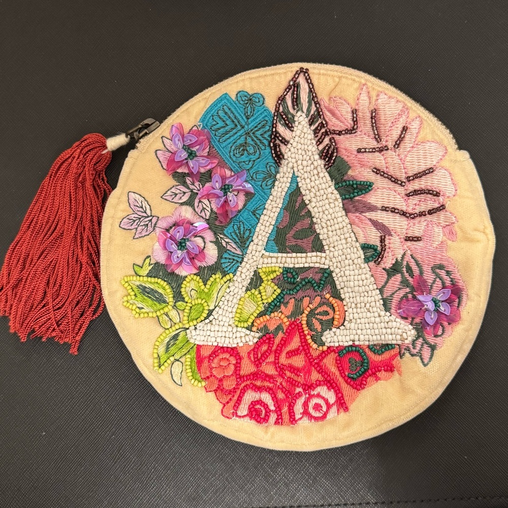 Anthropologie Embellished Initial Zippered Pouch